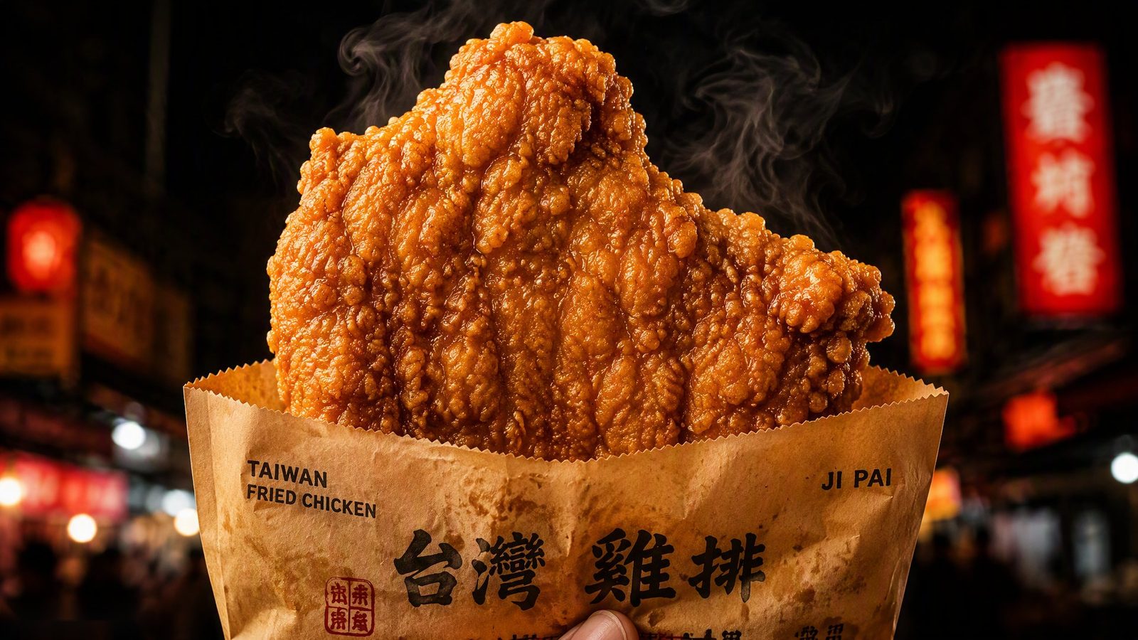 台灣夜市現炸雞排，金黃酥脆